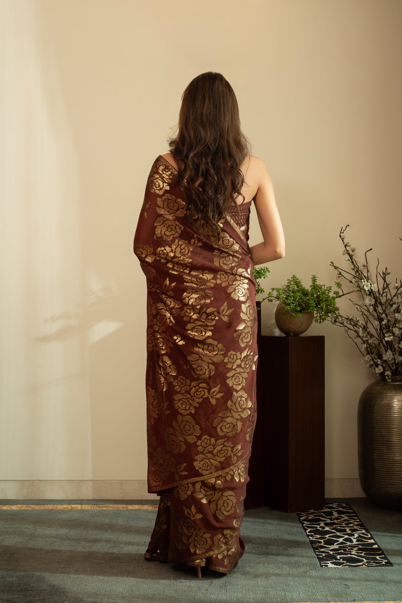 SANA ROSE Dull Gold Sequin Saree in Chocolate Brown Colour