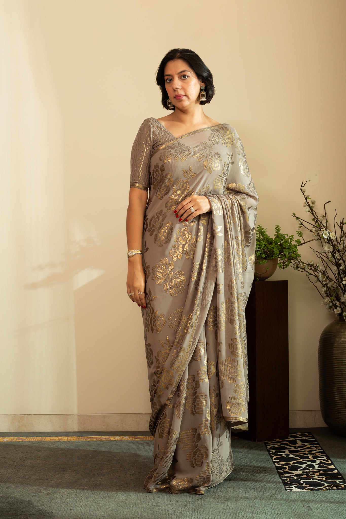 SANA ROSE Dull Gold Sequin Saree in Smoke Grey Colour