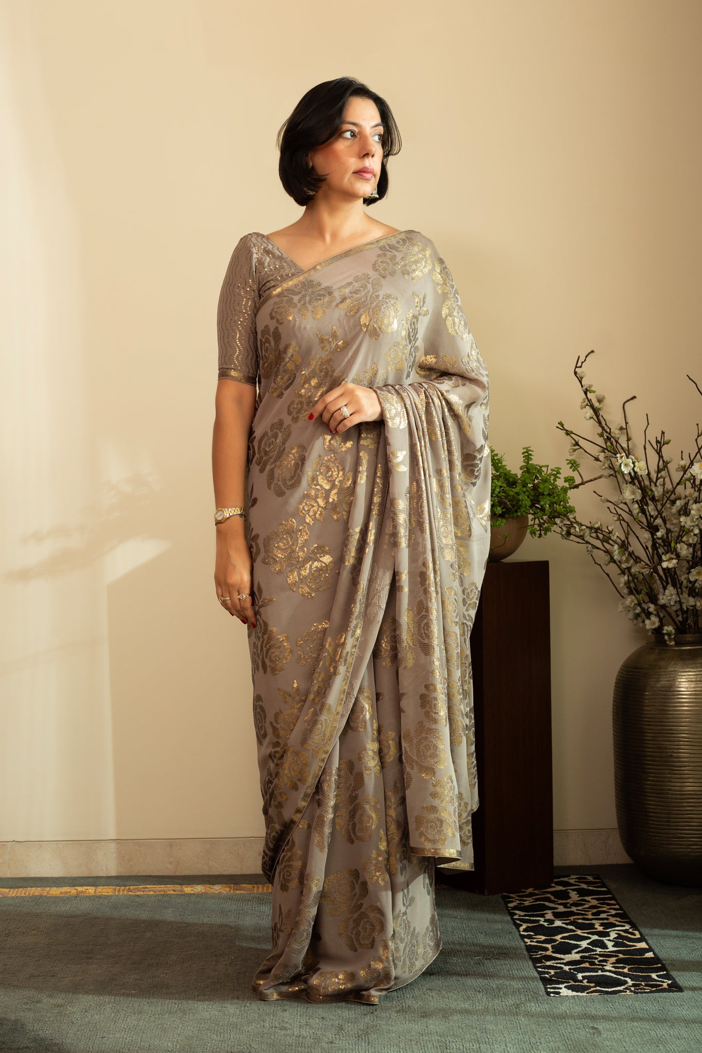 SANA ROSE Dull Gold Sequin Saree in Smoke Grey Colour