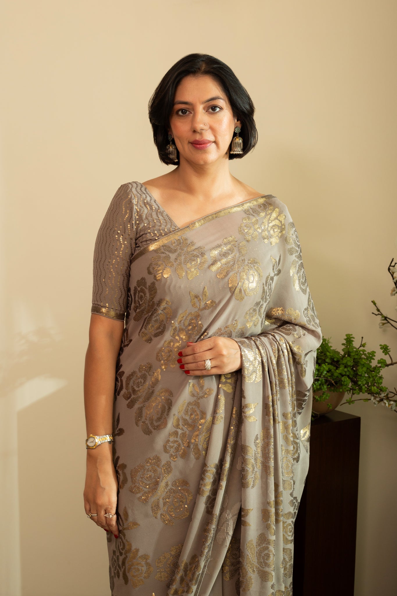 SANA ROSE Dull Gold Sequin Saree in Smoke Grey Colour