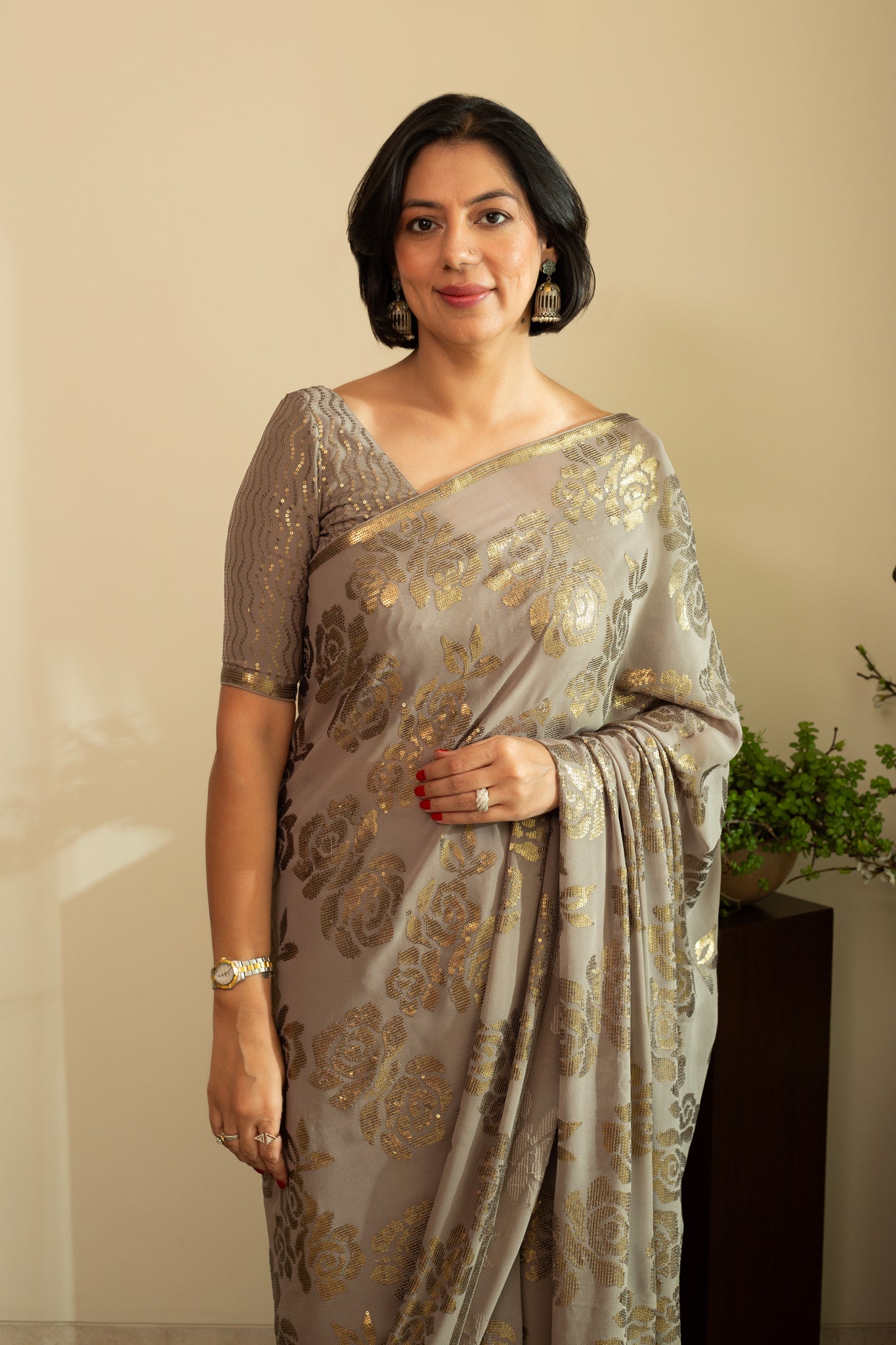 SANA ROSE Dull Gold Sequin Saree in Smoke Grey Colour