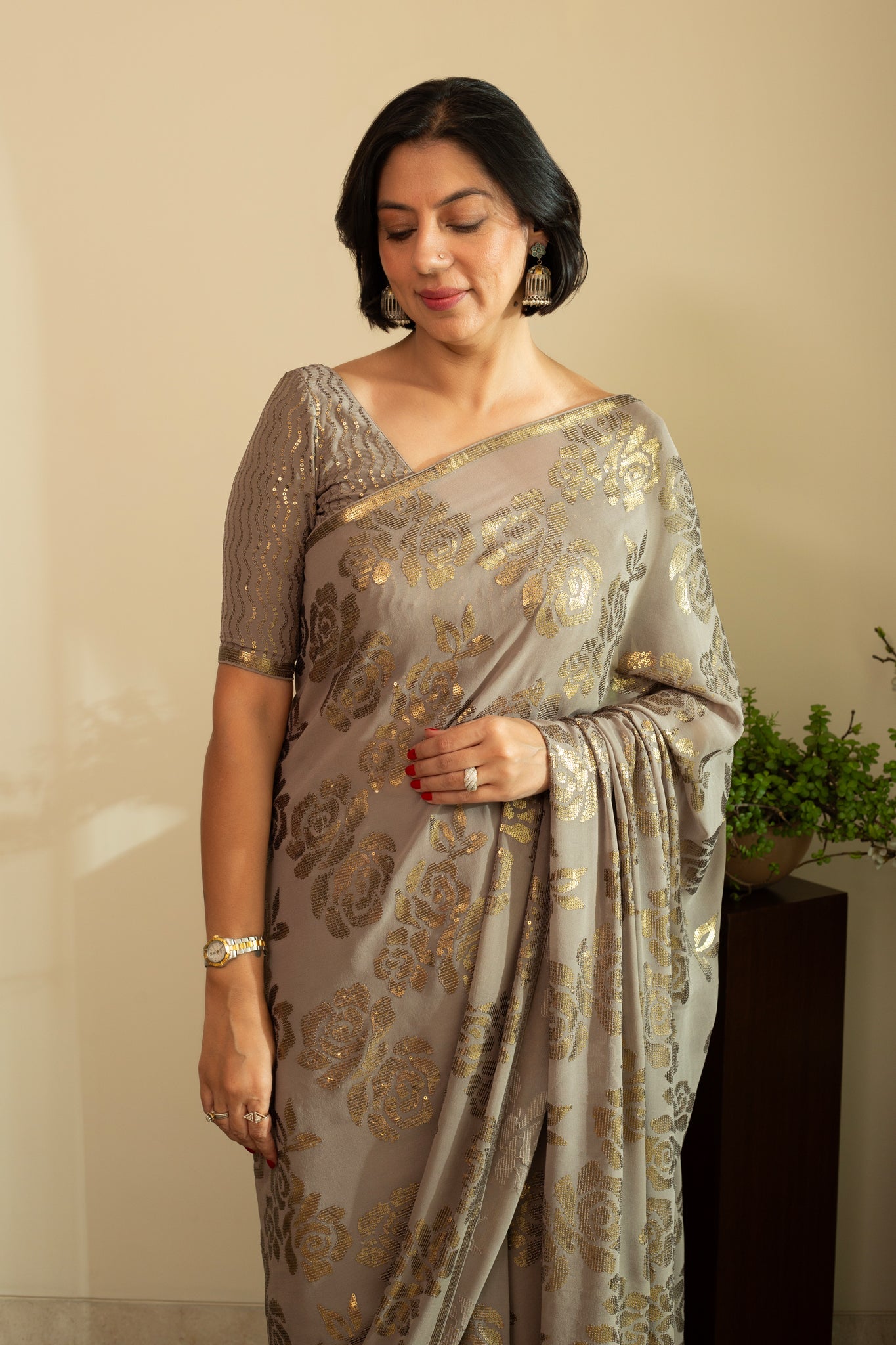 SANA ROSE Dull Gold Sequin Saree in Smoke Grey Colour