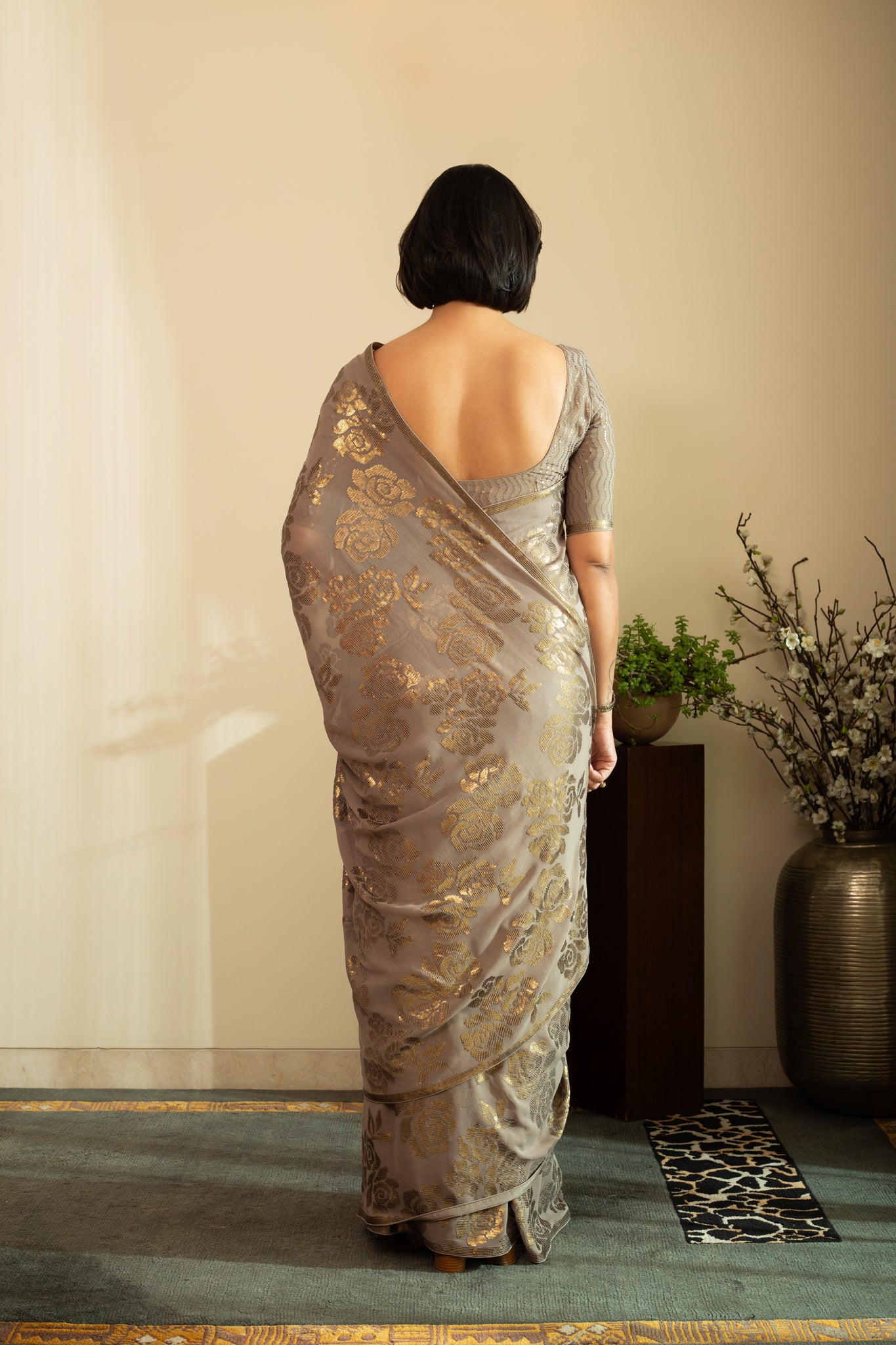 SANA ROSE Dull Gold Sequin Saree in Smoke Grey Colour