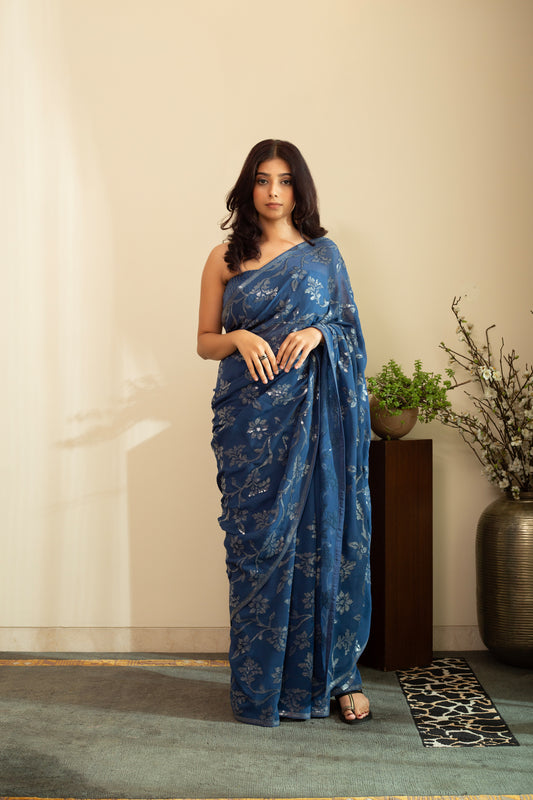 ISBAH Watercolour Sequence Flower Saree in Pure Silk Georgette Midnight Blue Colour