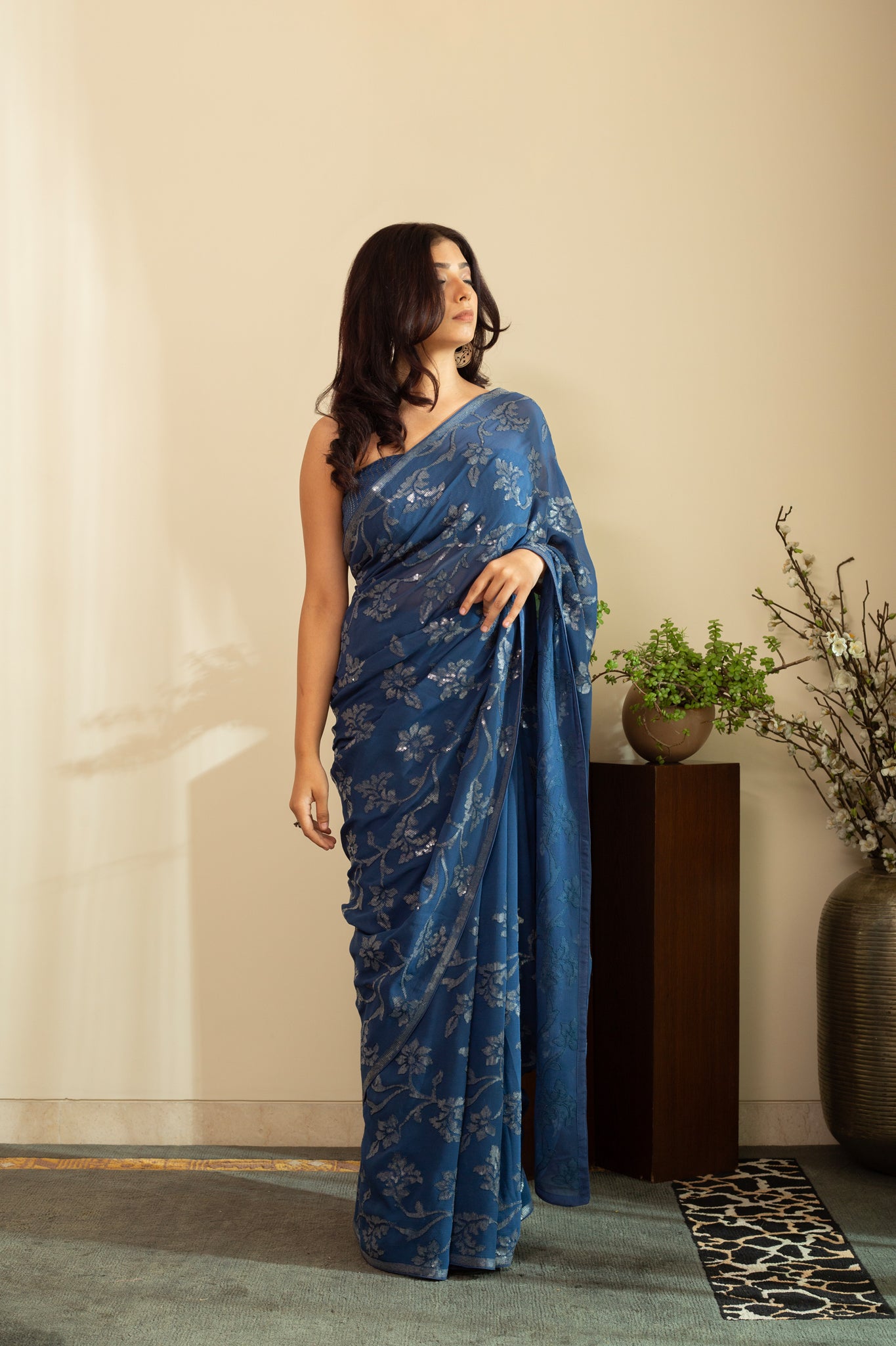 ISBAH Watercolour Sequence Flower Saree in Pure Silk Georgette Midnight Blue Colour