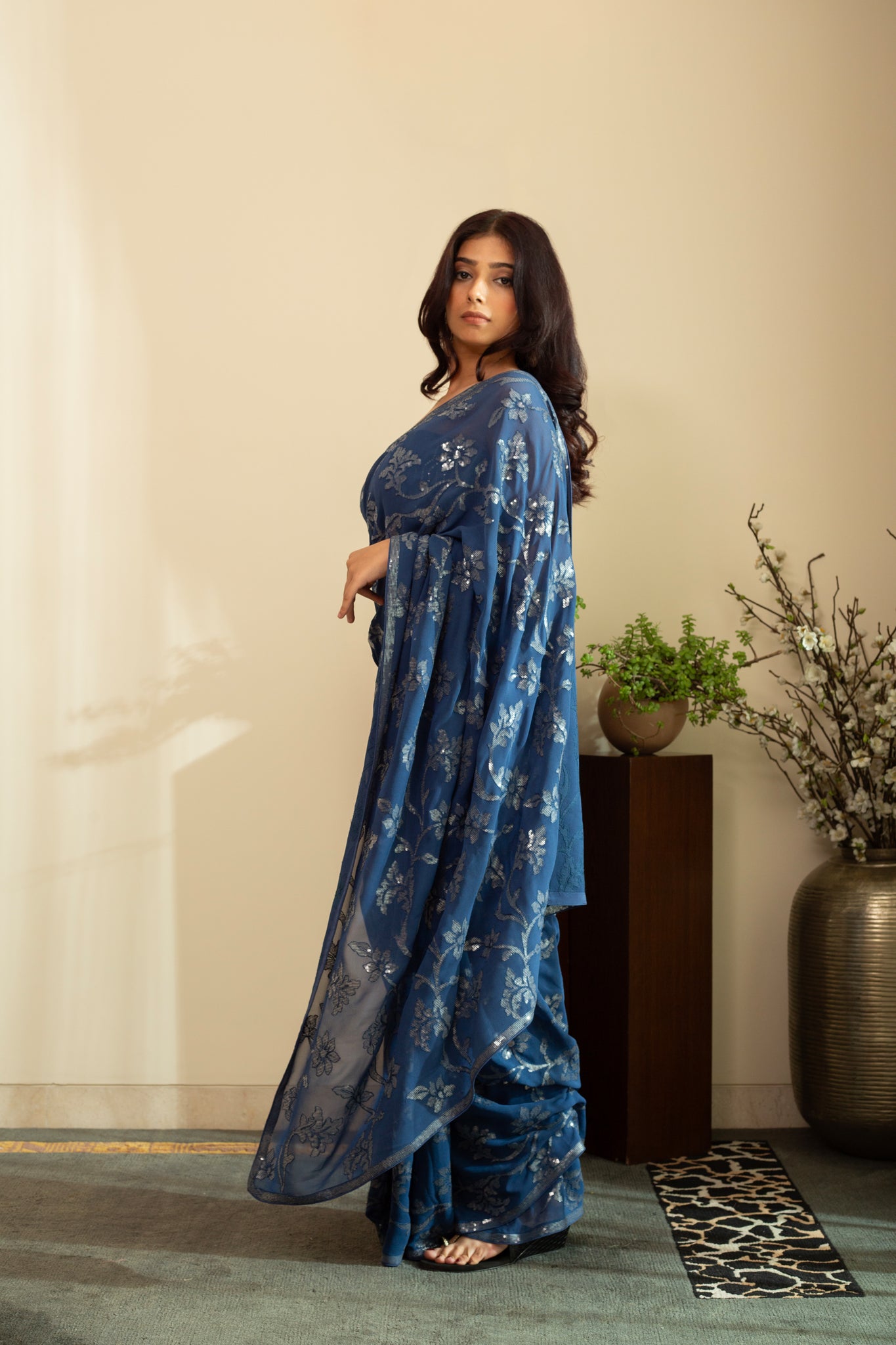 ISBAH Watercolour Sequence Flower Saree in Pure Silk Georgette Midnight Blue Colour