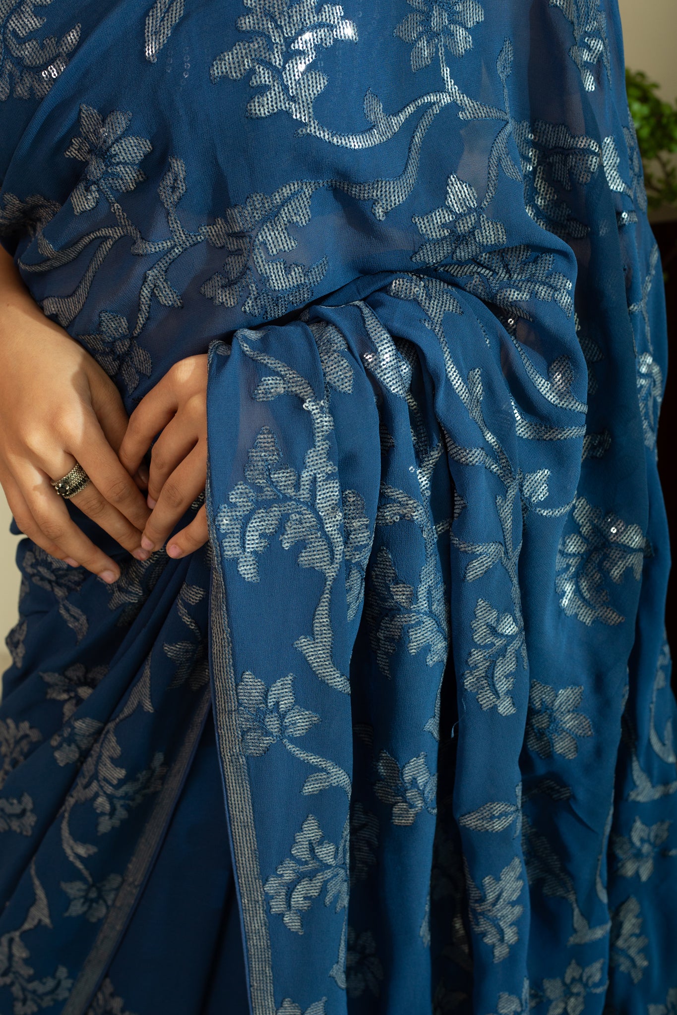 ISBAH Watercolour Sequence Flower Saree in Pure Silk Georgette Midnight Blue Colour