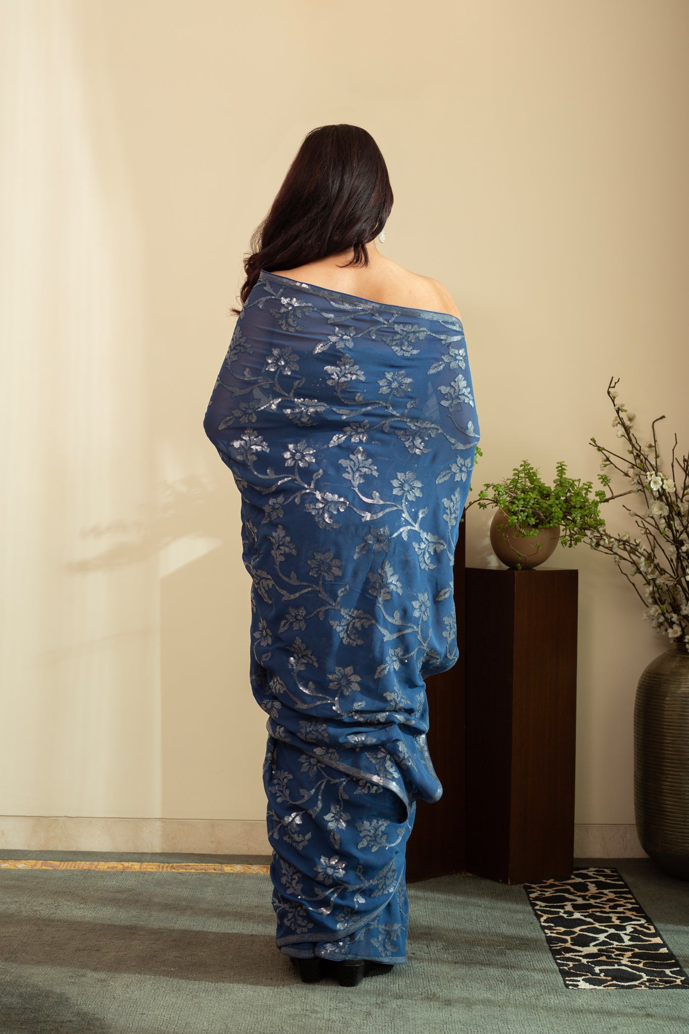 ISBAH Watercolour Sequence Flower Saree in Pure Silk Georgette Midnight Blue Colour