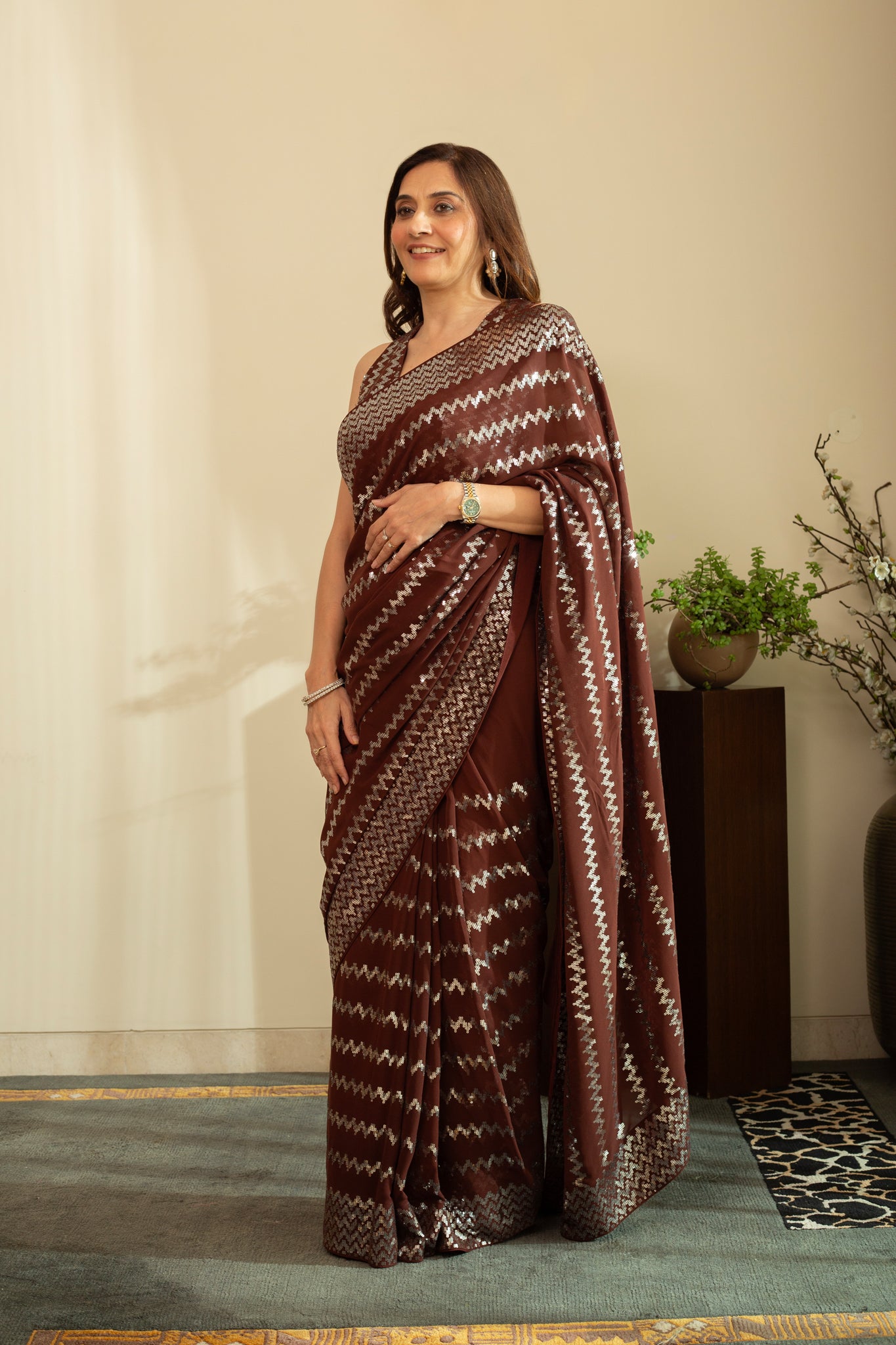 ROSHNI Geometric Temple  Silver Sequins Saree in Chocolate Brown Colour