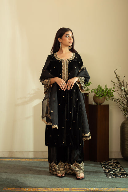 BLACK SILK VELVET LACE EMBROIDERED KURTA SET WITH PURE SILK ORGANZA DUPATTA