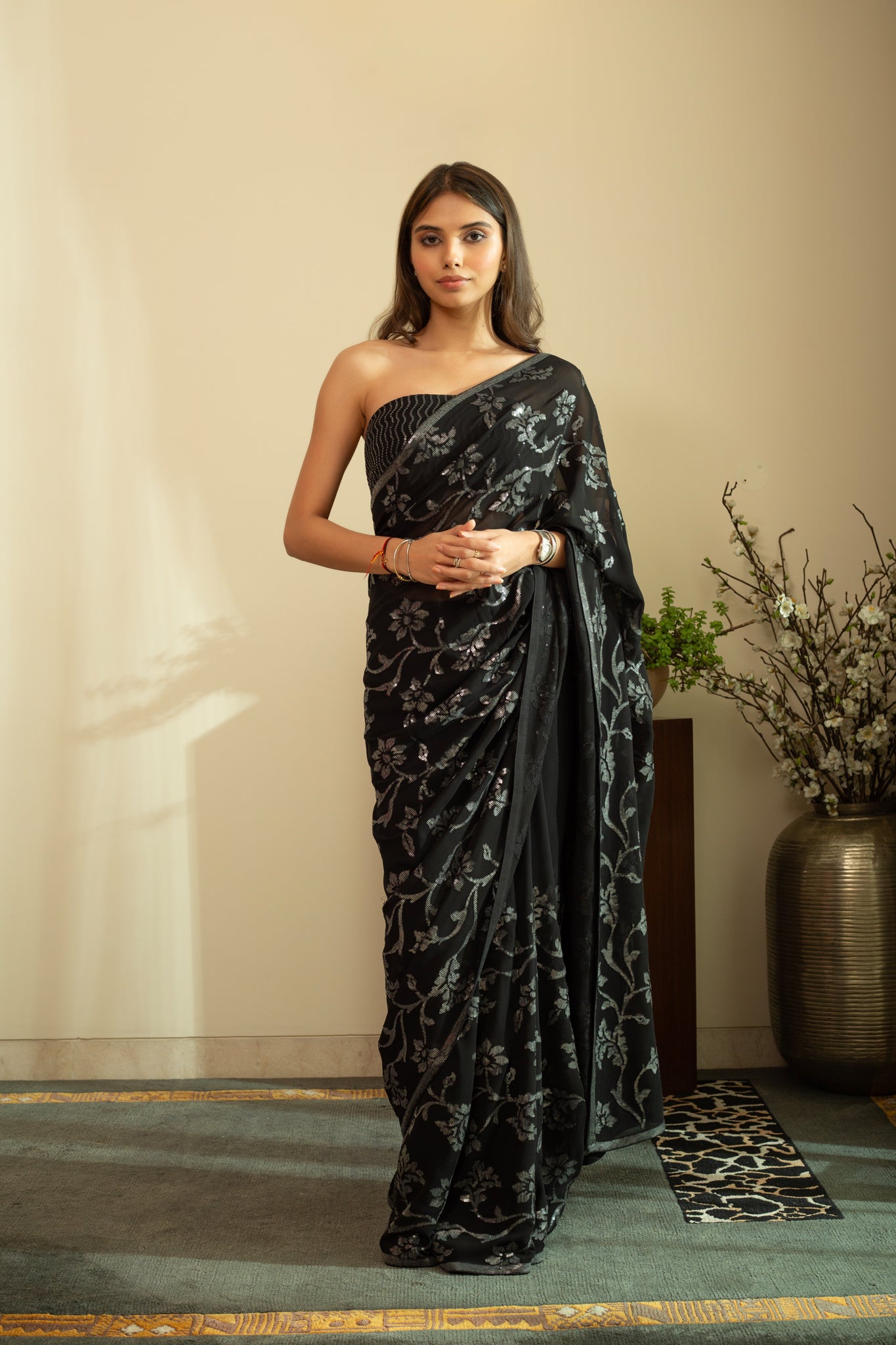 ISBAH Watercolour Sequence Flower Saree in Pure Silk Georgette Black Colour