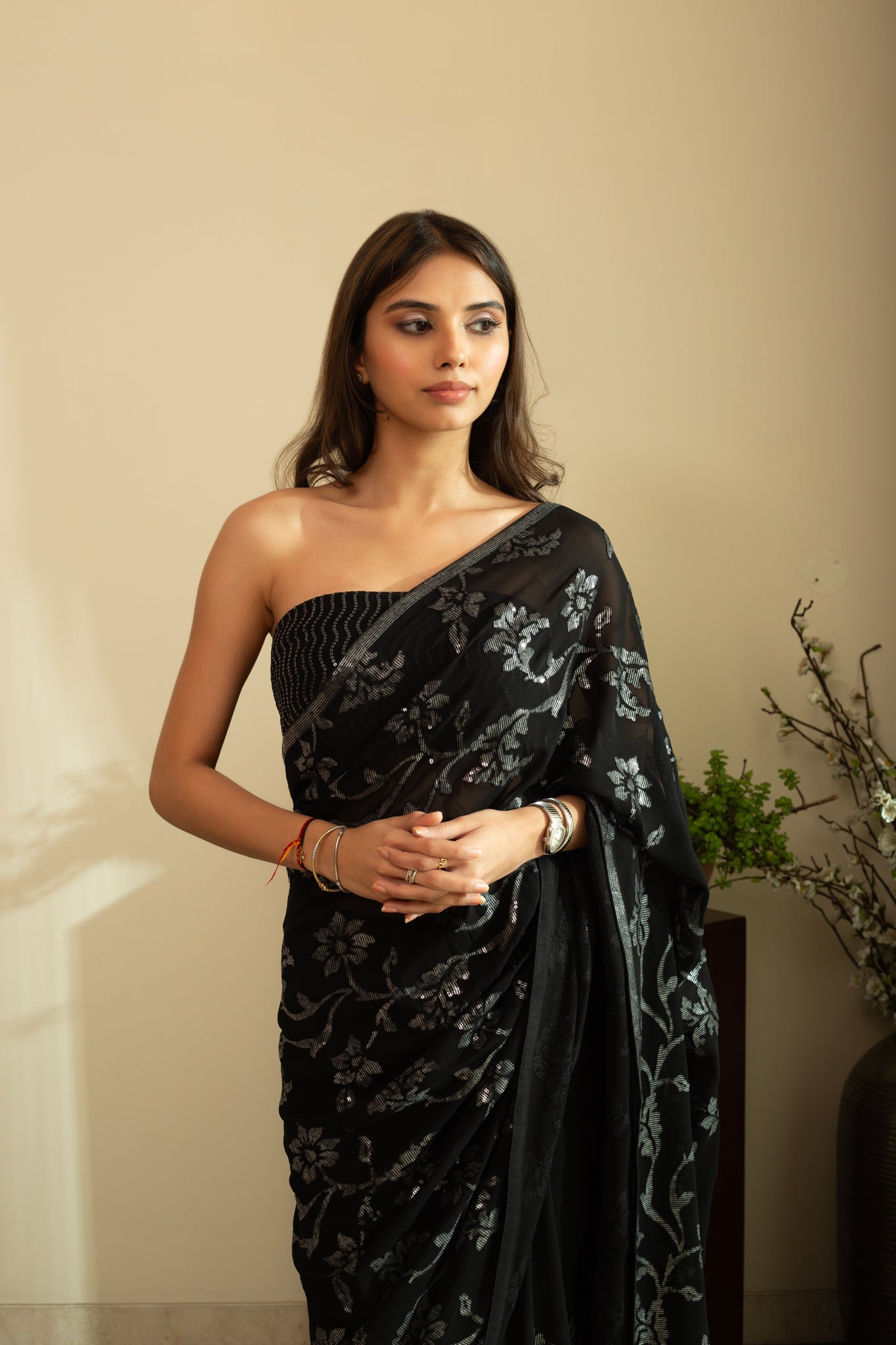 ISBAH Watercolour Sequence Flower Saree in Pure Silk Georgette Black Colour