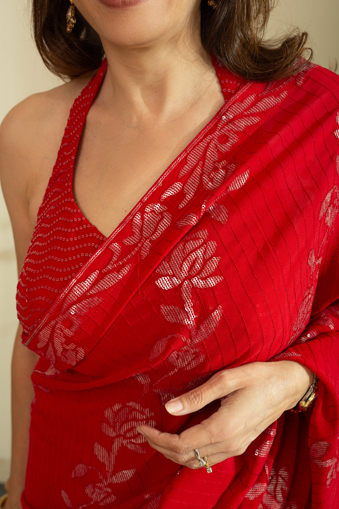 NAIRAAH  Floral Sequins and Thread embroidery Saree in Red Colour