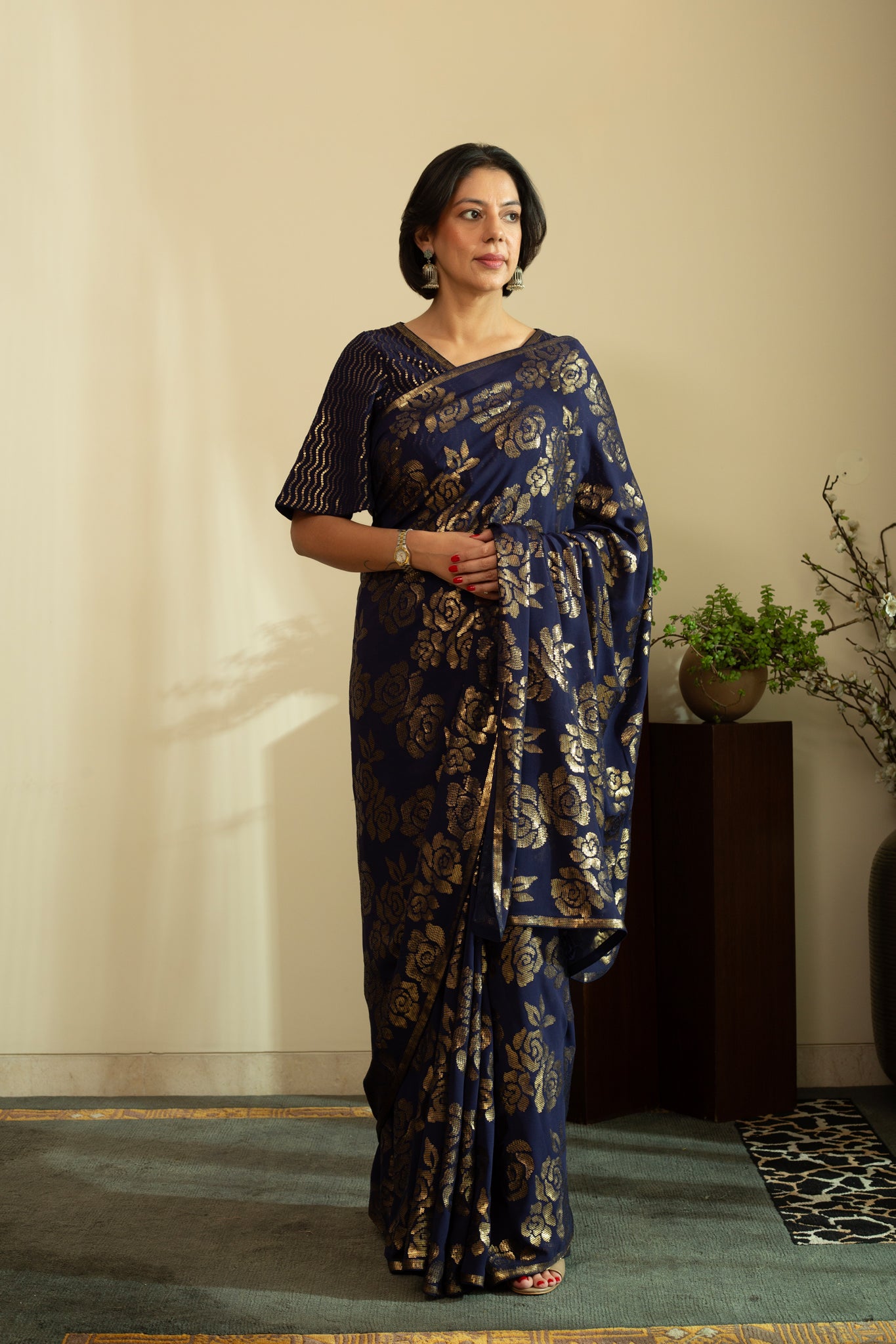 SANA ROSE Dull Gold Sequin Saree in Navy Blue Colour