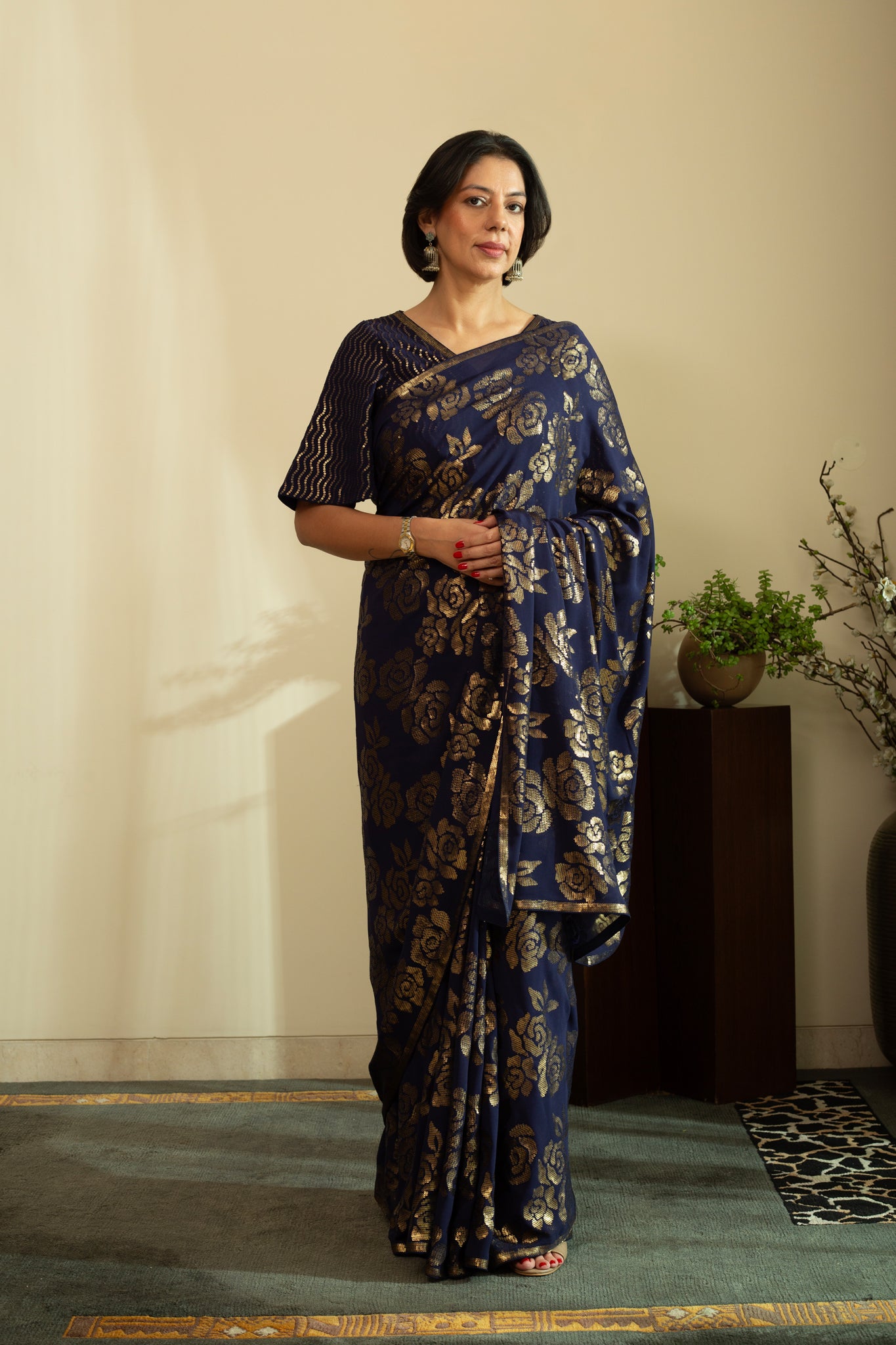 SANA ROSE Dull Gold Sequin Saree in Navy Blue Colour