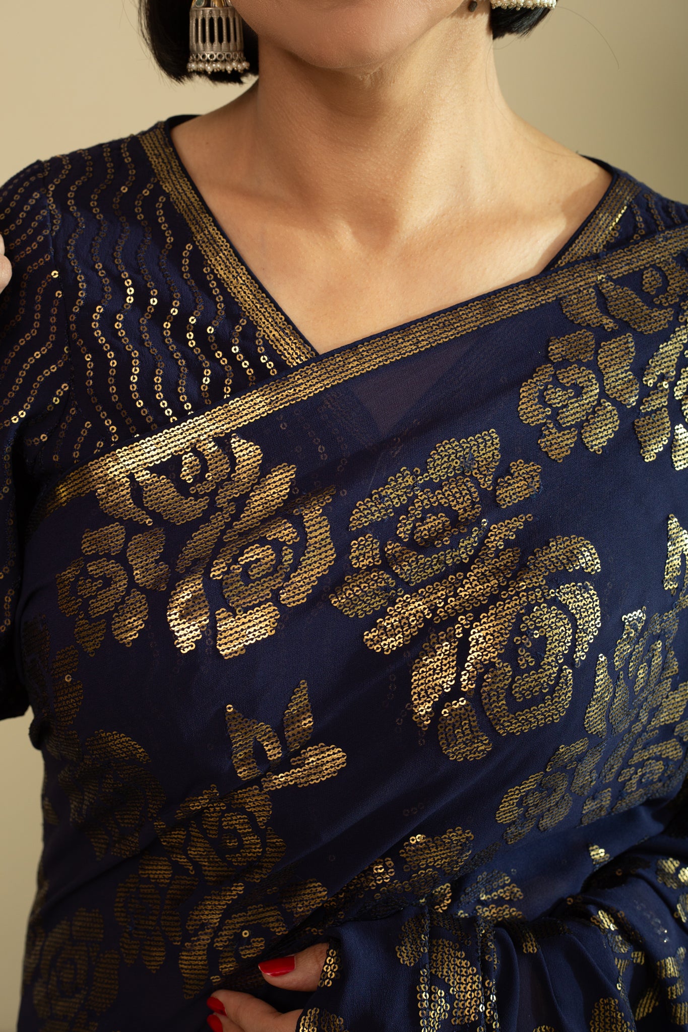 SANA ROSE Dull Gold Sequin Saree in Navy Blue Colour