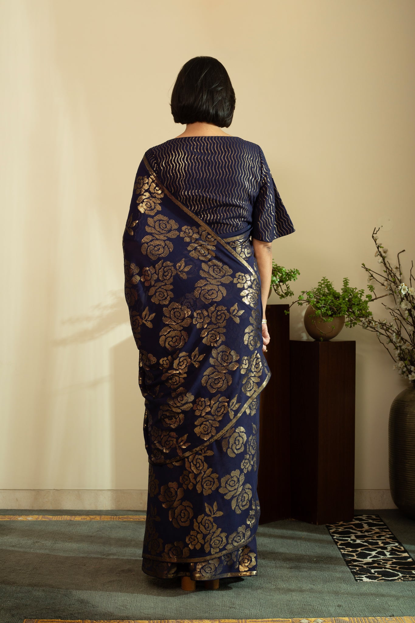 SANA ROSE Dull Gold Sequin Saree in Navy Blue Colour