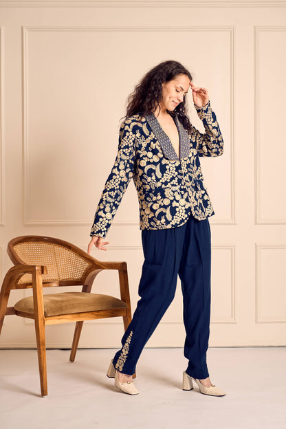 NAAZ Blue Pure silk crepe Embroidered jacket