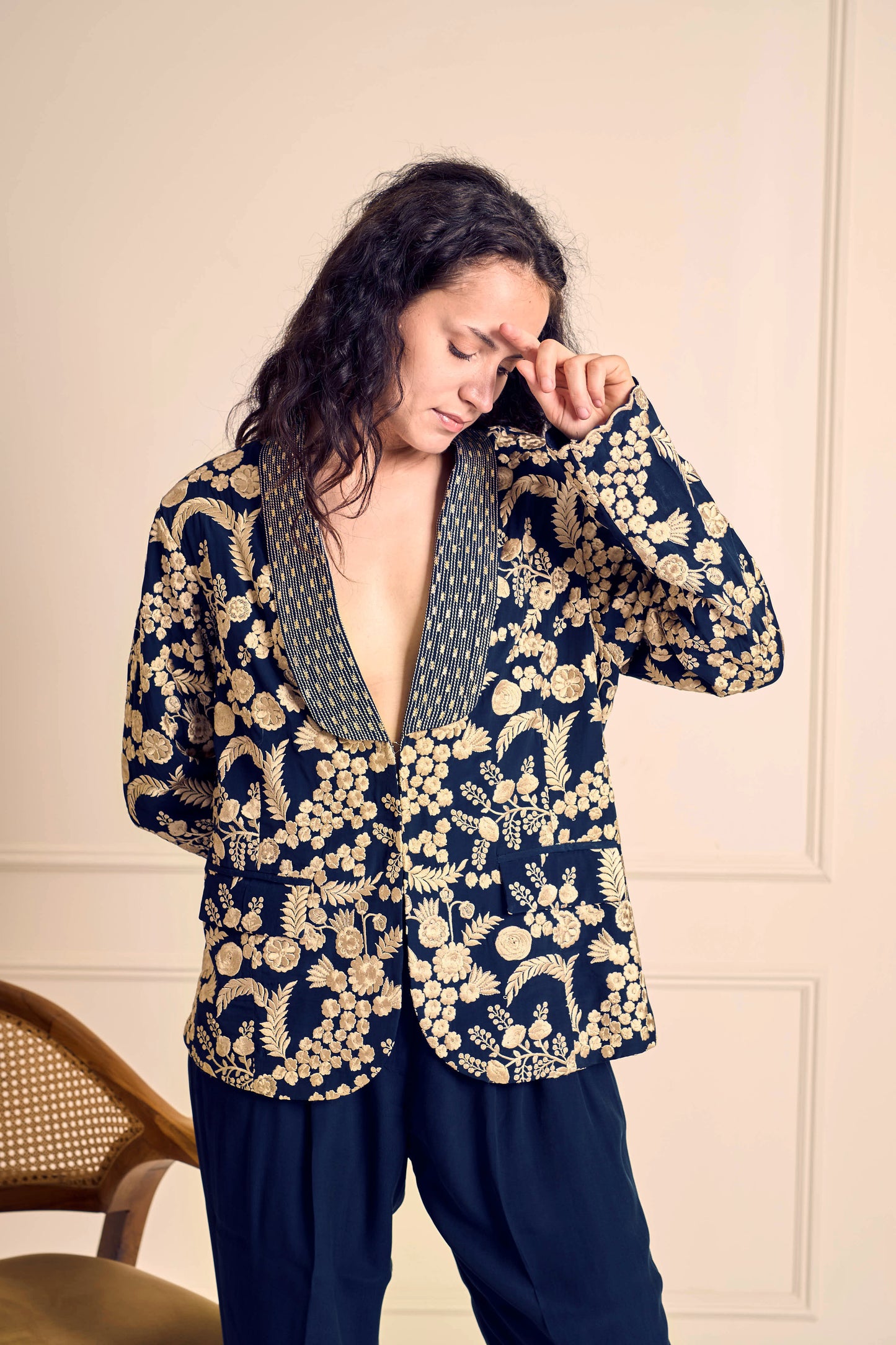 NAAZ Blue Pure silk crepe Embroidered jacket