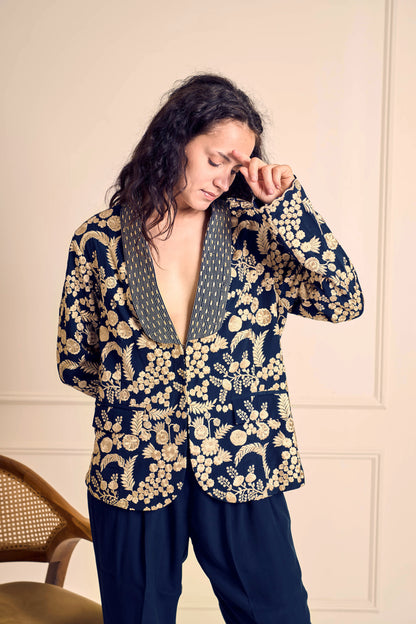 NAAZ Blue Pure silk crepe Embroidered jacket