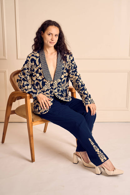 NAAZ Blue Pure silk crepe Embroidered jacket