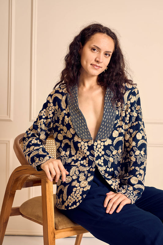 NAAZ Blue Pure silk crepe Embroidered jacket