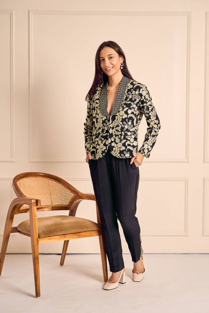 NAAZ Black Pure silk crepe Embroidered jacket