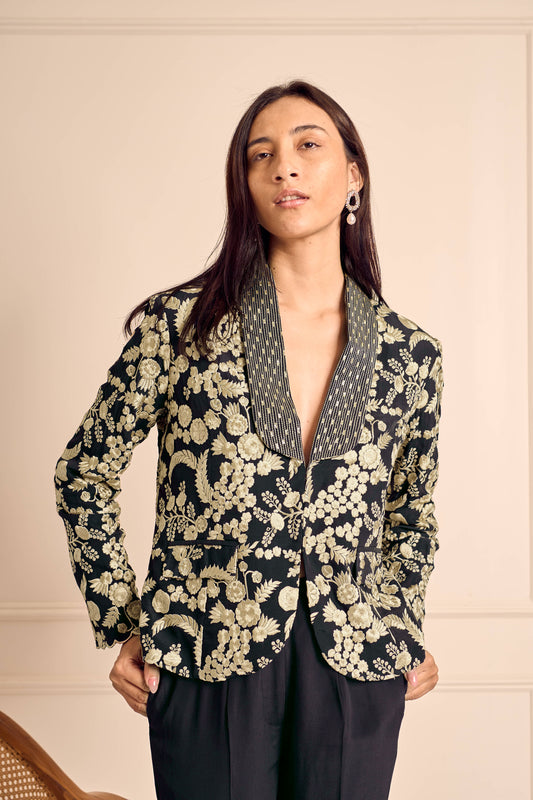 NAAZ Black Pure silk crepe Embroidered jacket