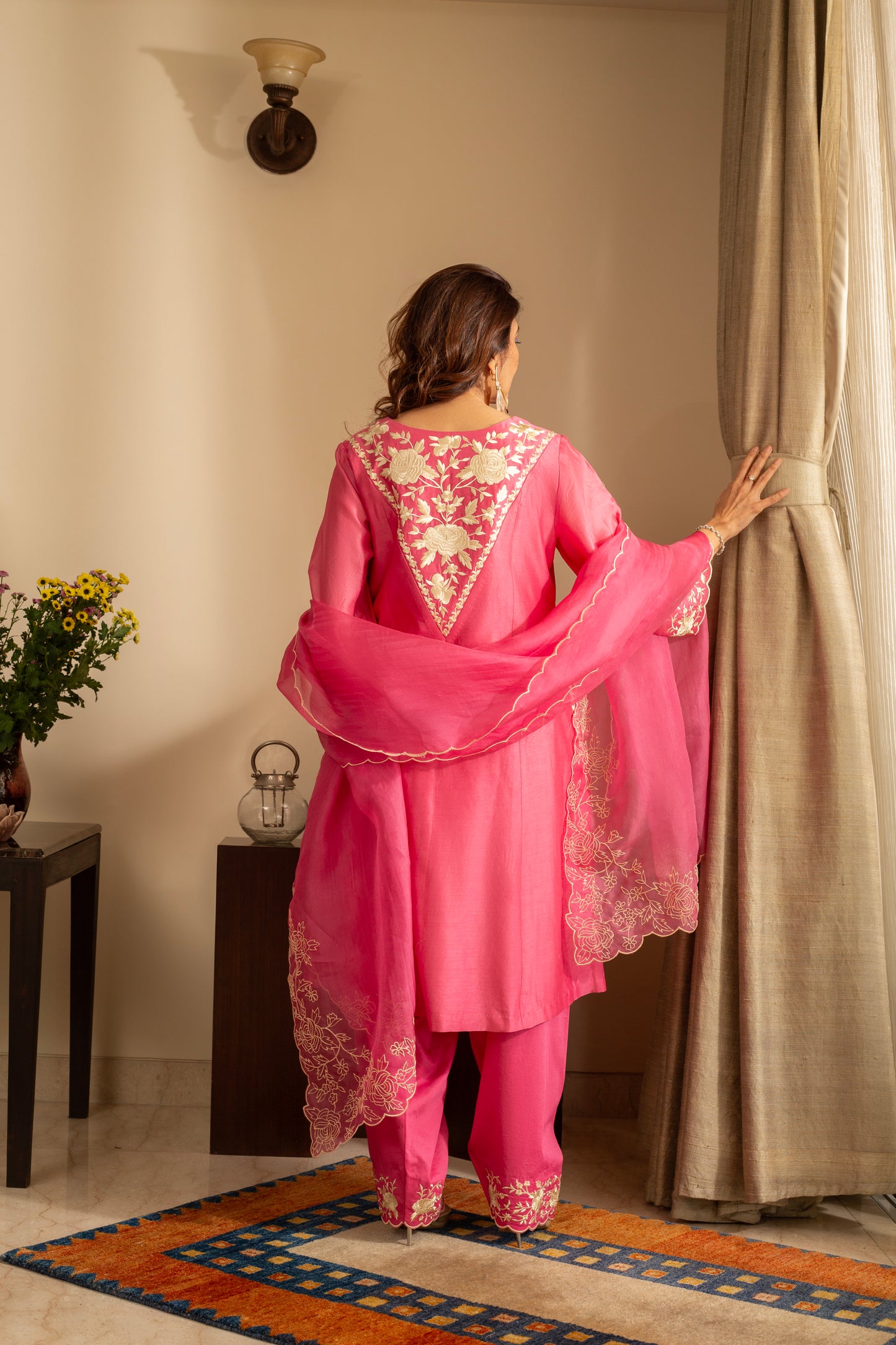 Kaner Candy Pink  Embroidered Pure Silk Chanderi 3 Pc Kurta Set with pure organza scallop dupatta