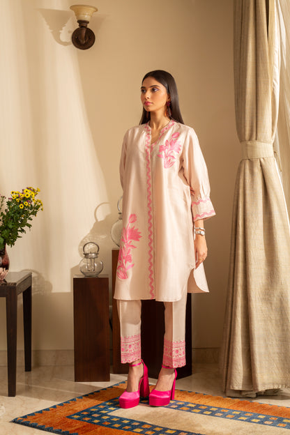 Gul-Meh Nude Pink Embroidered Coord Set Suit on Pure Silk Chanderi