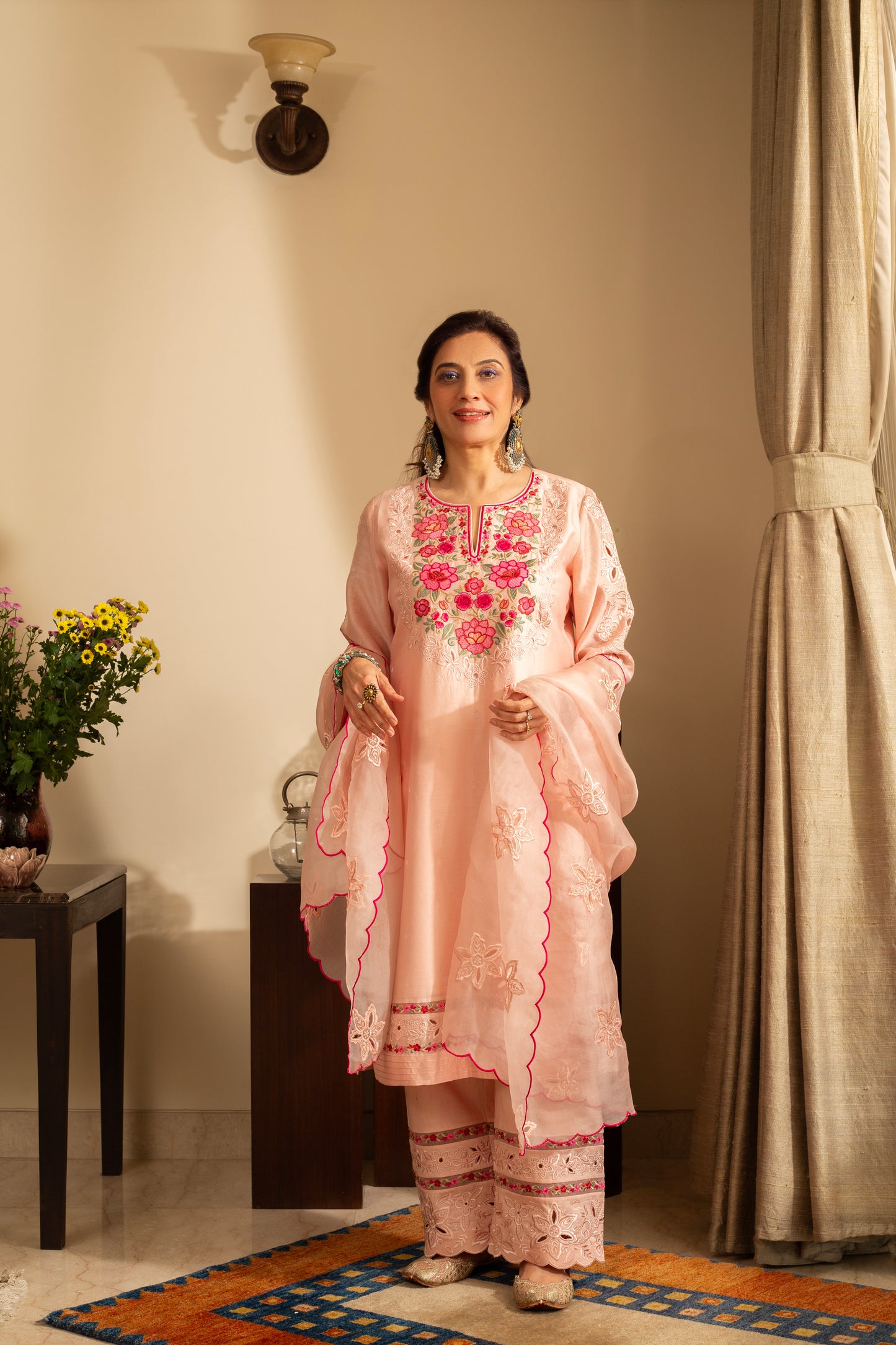 Gulchini Pastel Peach Embroidered Pure Silk Chanderi 3 Pc Kurta Set with cutwork and pure organza scallop Dupatta