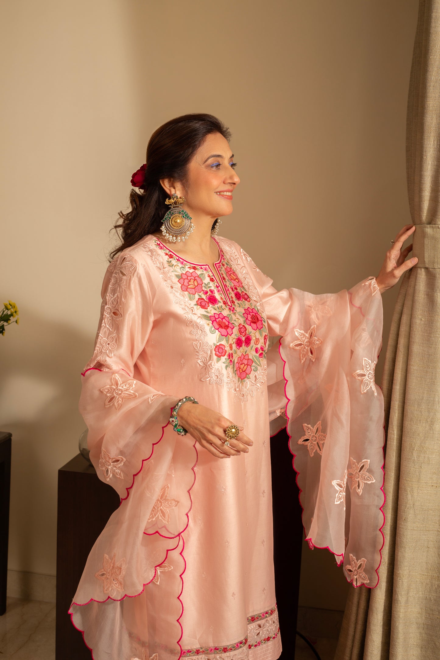 Gulchini Pastel Peach Embroidered Pure Silk Chanderi 3 Pc Kurta Set with cutwork and pure organza scallop Dupatta