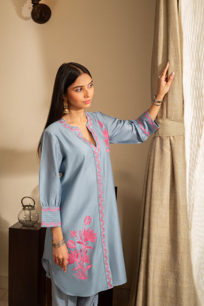 Gul-Meh Aqua Blue Embroidered Coord Set Suit on Pure Silk Chanderi