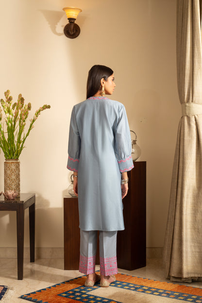 Gul-Meh Aqua Blue Embroidered Coord Set Suit on Pure Silk Chanderi