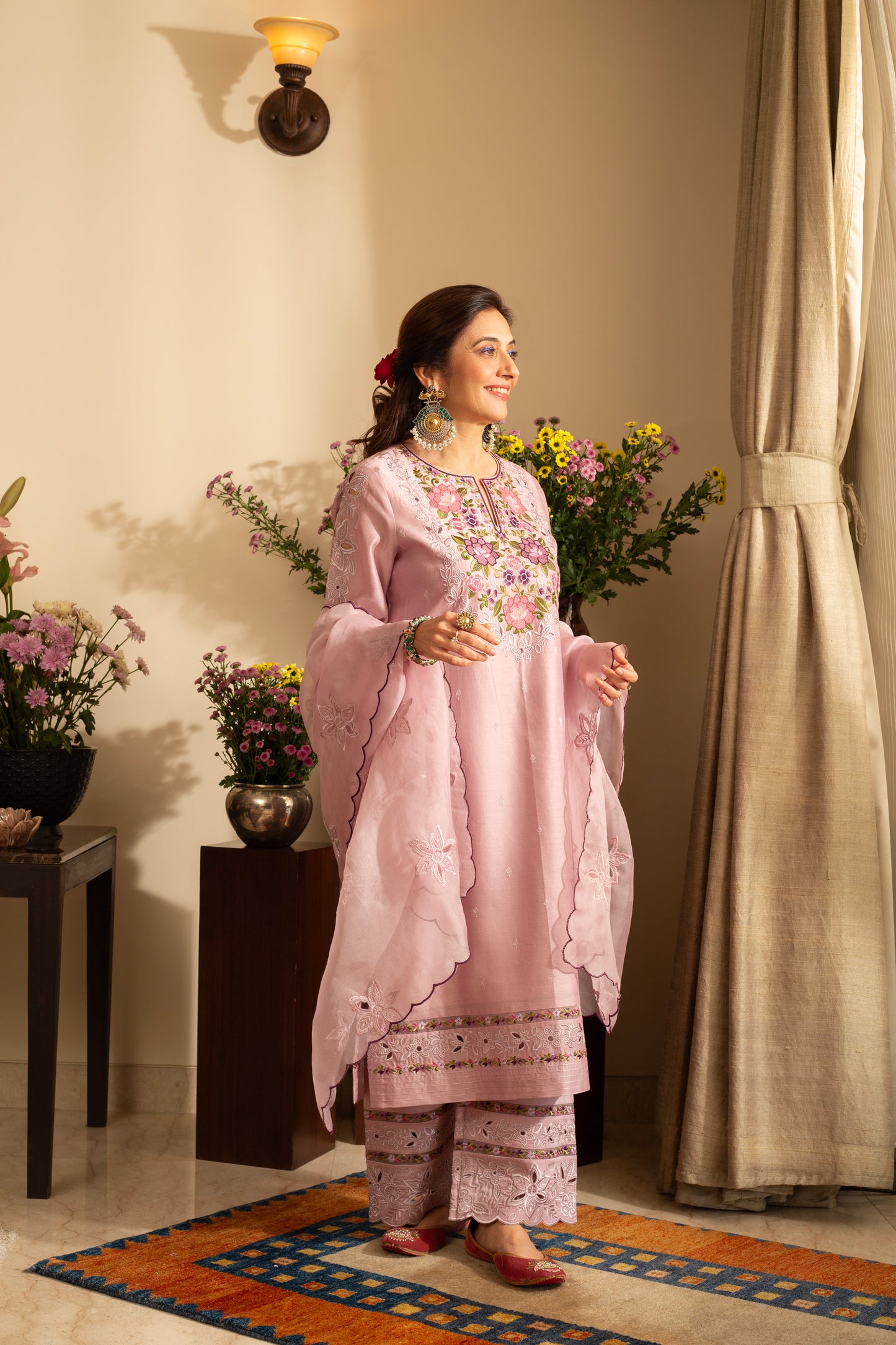 Gulchini Lilac Embroidered Pure Silk Chanderi 3 Pc Kurta Set with cutwork and pure organza scallop Dupatta