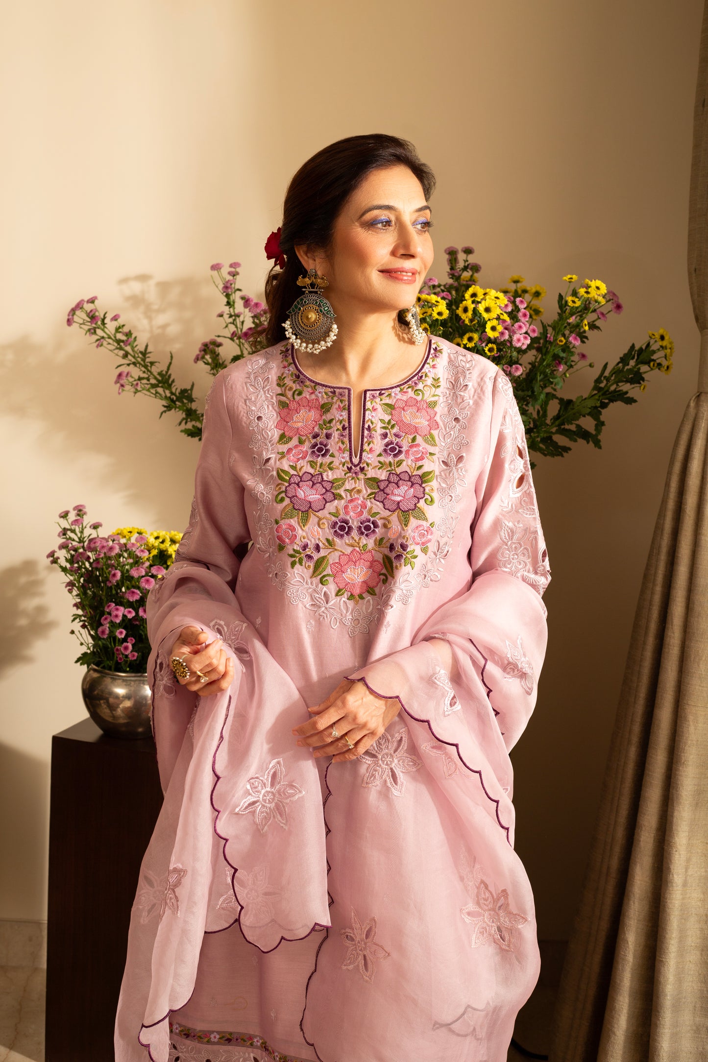 Gulchini Lilac Embroidered Pure Silk Chanderi 3 Pc Kurta Set with cutwork and pure organza scallop Dupatta