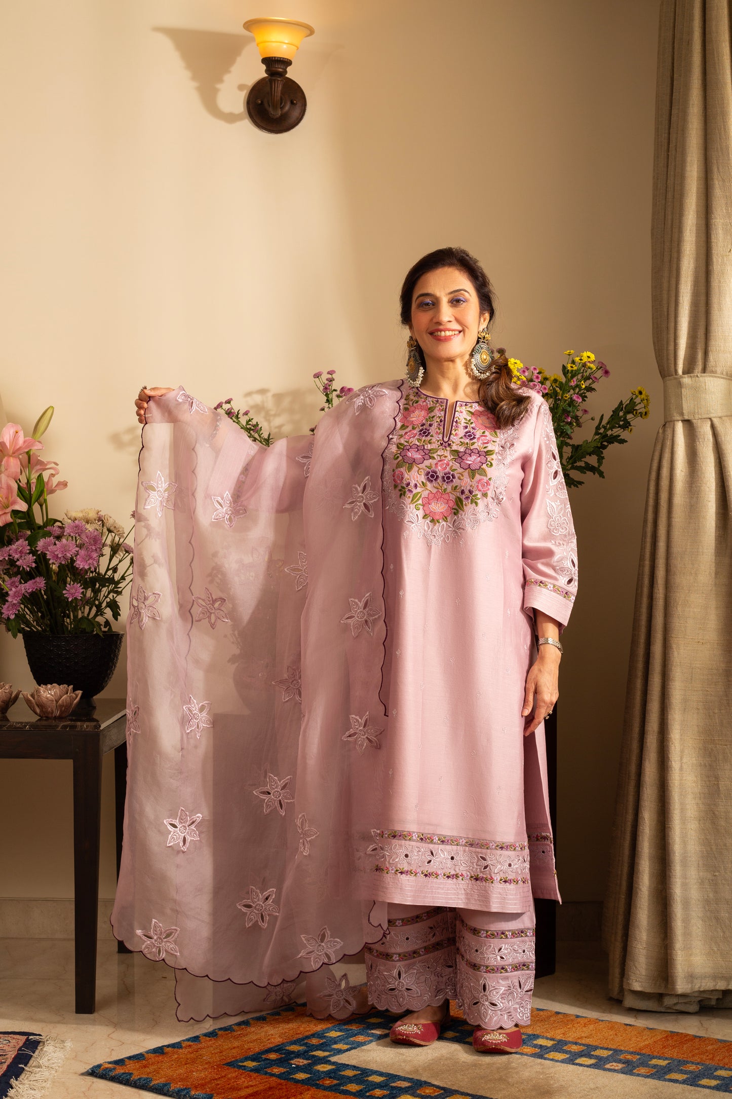 Gulchini Lilac Embroidered Pure Silk Chanderi 3 Pc Kurta Set with cutwork and pure organza scallop Dupatta