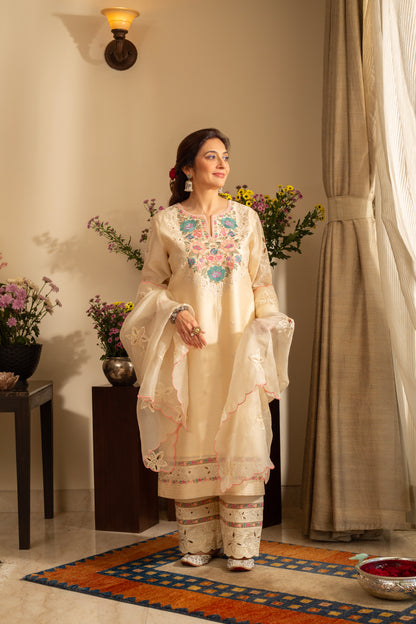 Gulchini Almond Ivory Embroidered Pure Silk Chanderi 3 Pc Kurta Set with cutwork and pure organza scallop Dupatta