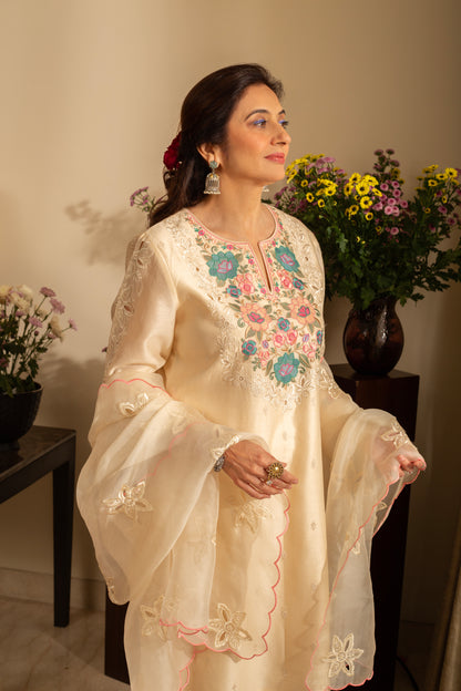 Gulchini Almond Ivory Embroidered Pure Silk Chanderi 3 Pc Kurta Set with cutwork and pure organza scallop Dupatta