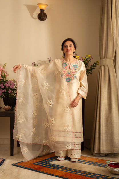 Gulchini Almond Ivory Embroidered Pure Silk Chanderi 3 Pc Kurta Set with cutwork and pure organza scallop Dupatta