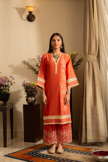 Gulbahar Burnt Orange 2 pc Pure Silk Chanderi Coord Set with cutwork Embroidery