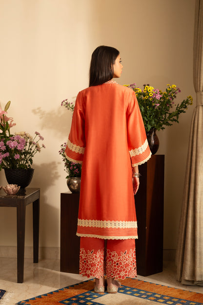 Gulbahar Burnt Orange 2 pc Pure Silk Chanderi Coord Set with cutwork Embroidery