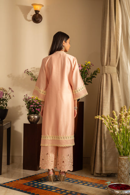 Gulbahar Pastel Peach 2 pc Pure Silk Chanderi Coord Set with cutwork Embroidery