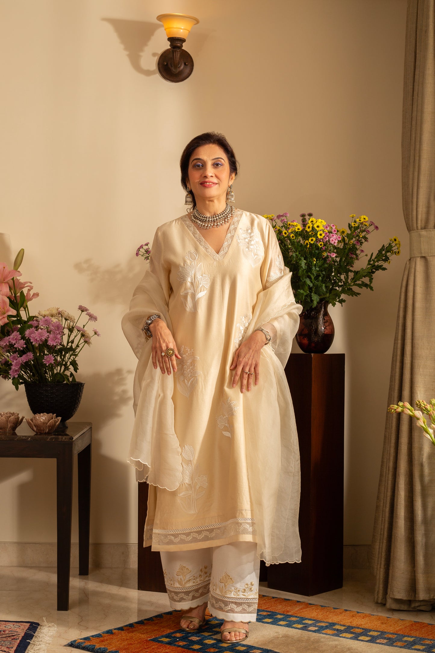 Chandni Almond Ivory Pure Silk Chanderi 3 pc Embroidered suit set with pure organza scalloped dupatta