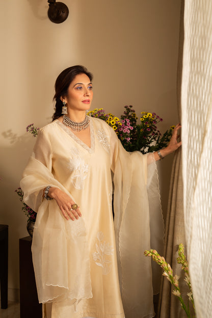 Chandni Almond Ivory Pure Silk Chanderi 3 pc Embroidered suit set with pure organza scalloped dupatta