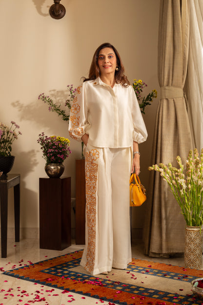 Petunia Ivory Mustard Pure Silk Chanderi Embroidered Indo Western Coord Set