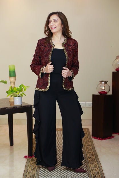 NURA Jamawar Embroidery Short Red Jacket With Frill Pants