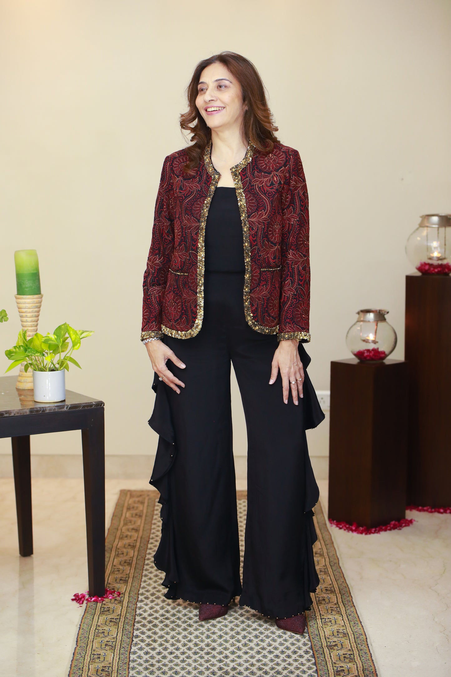 NURA Jamawar Embroidery Short Red Jacket With Frill Pants