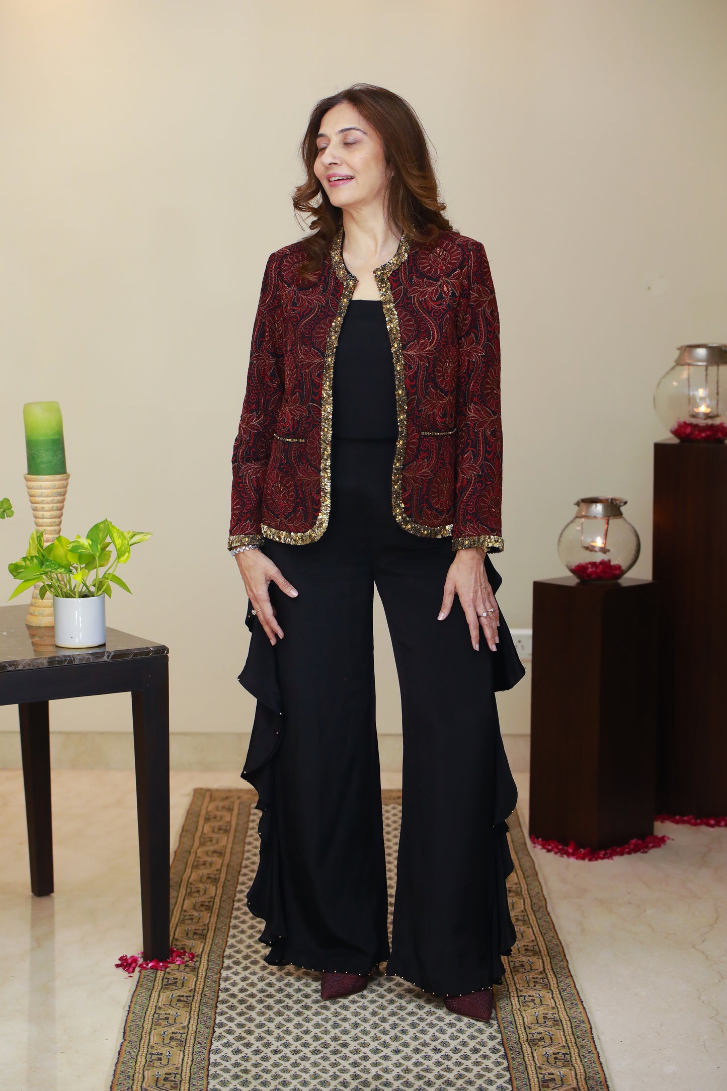 NURA Jamawar Embroidery Short Red Jacket With Frill Pants