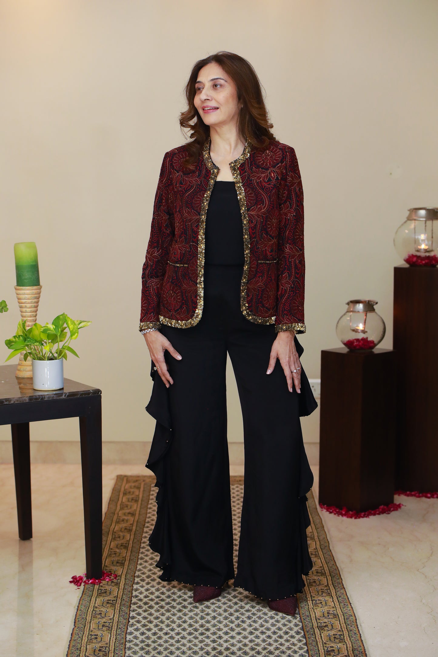 NURA Jamawar Embroidery Short Red Jacket With Frill Pants